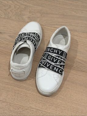Givenchy White Leather Slip-Ons with Black Logo Straps Size 41